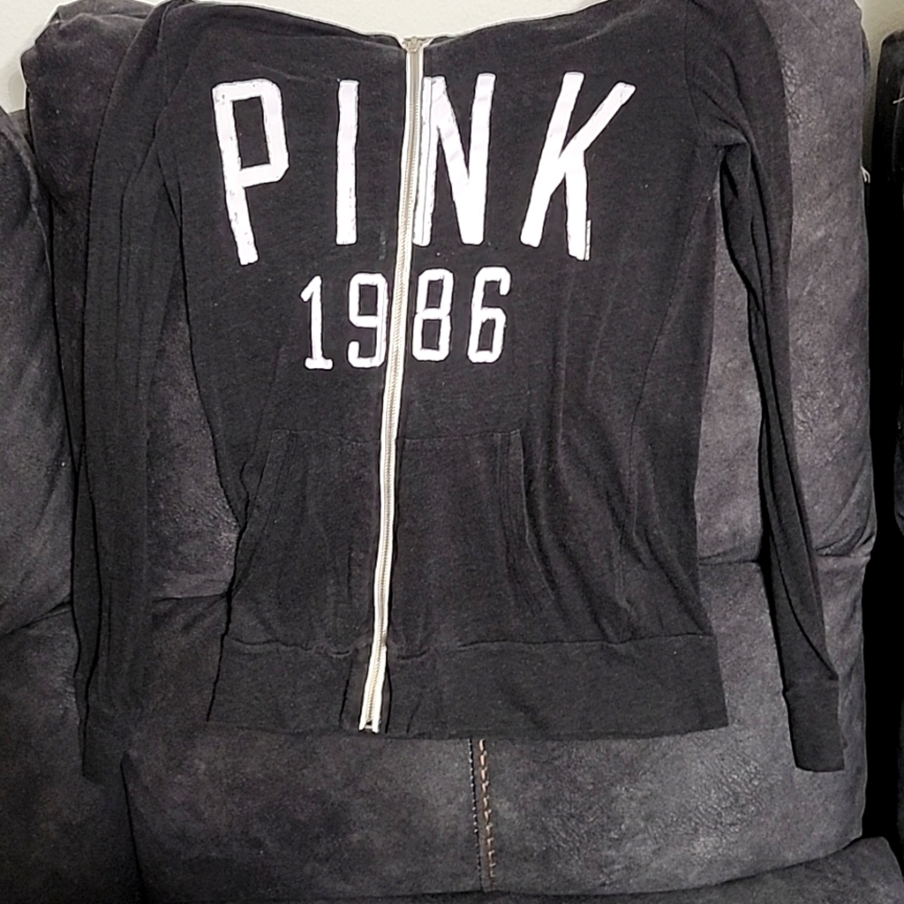 PINK zip up sweater, black and white, size small